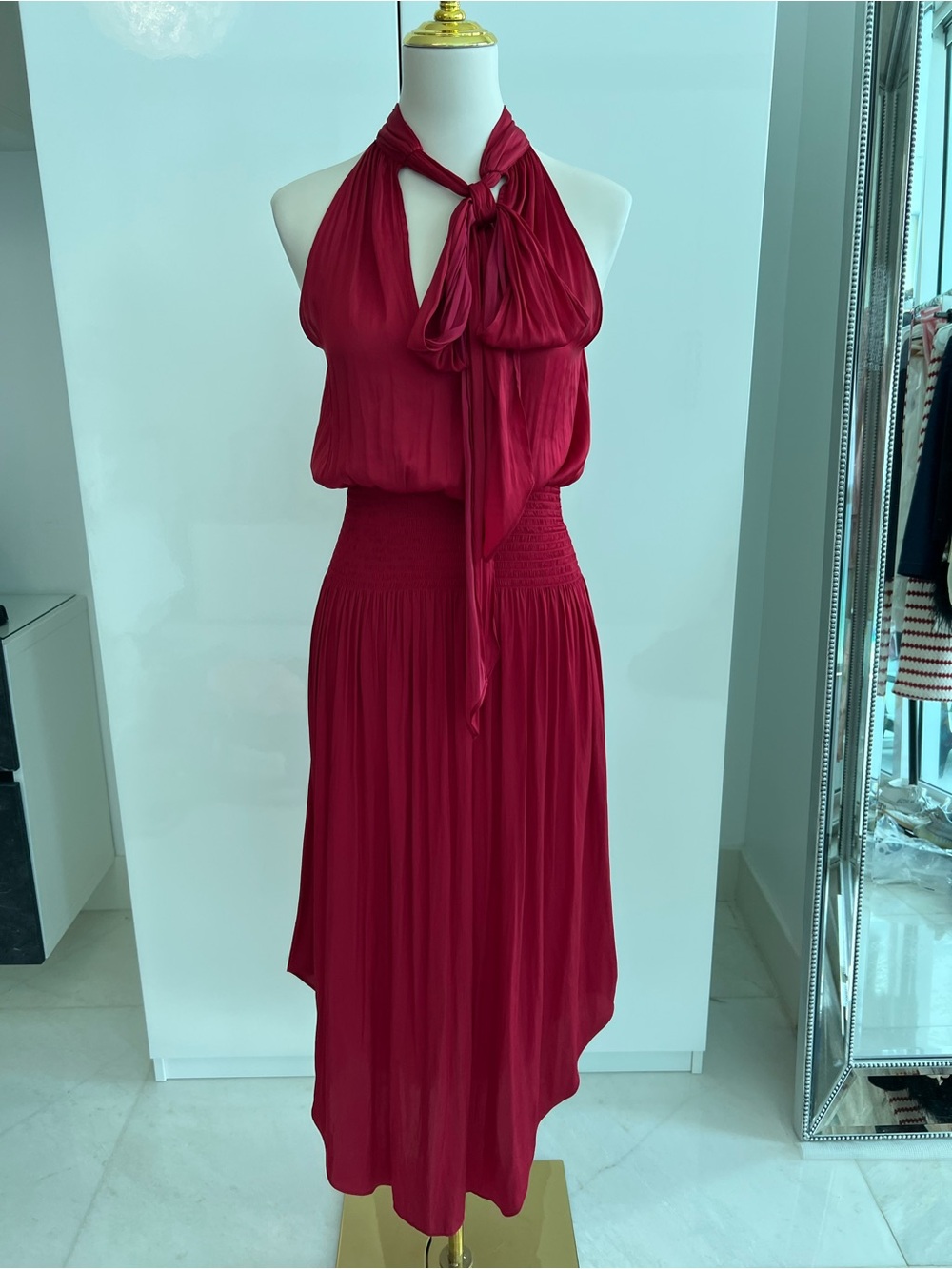 RAMY BROOK Audrey Red Smocked Waist Halter Midi Dress S/P